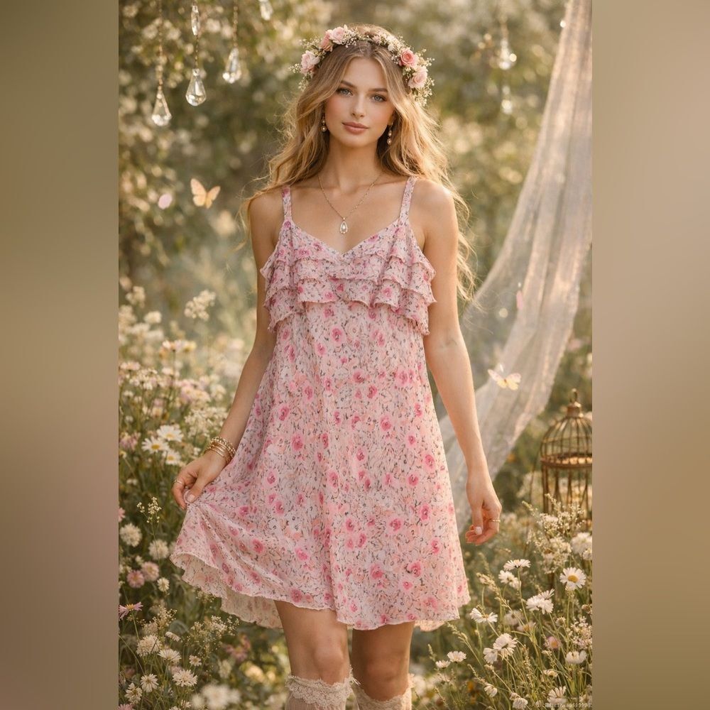 Vintage Y2K Ann Taylor Pink Floral Silk Fairy Dress 10 Petite Feminine Ruffled